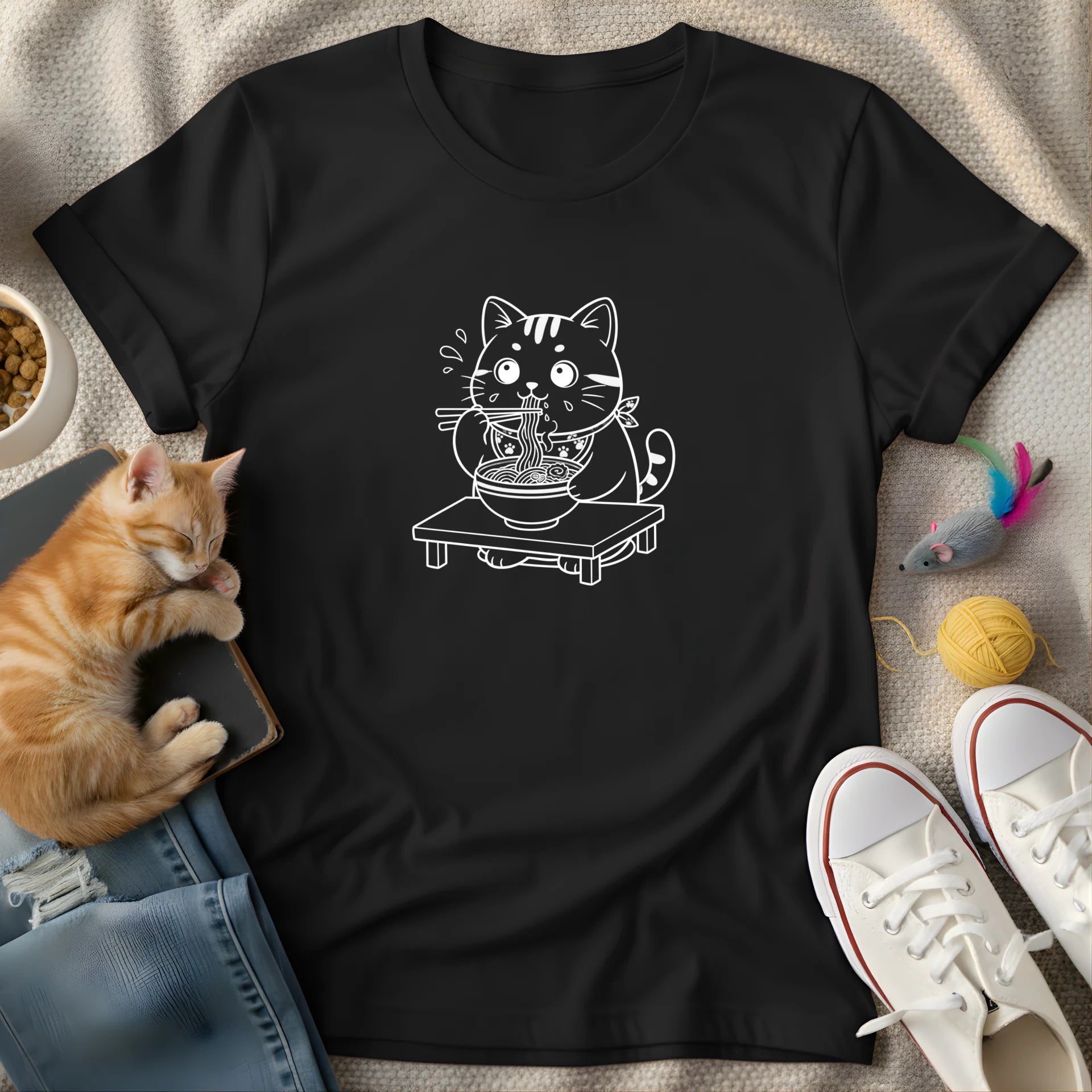 cat eats ramen b/w - Graphic T-Shirt