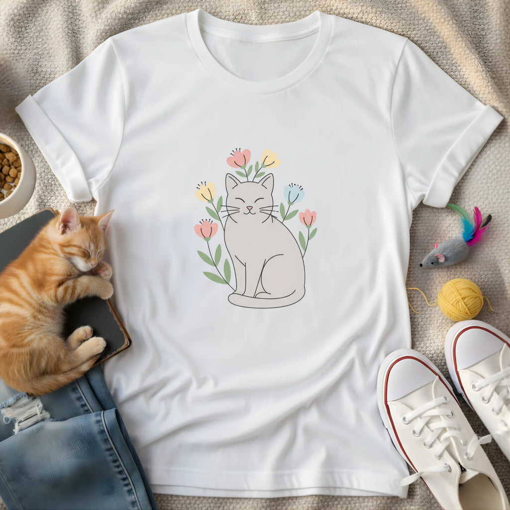 cute cat with flowers vector art - Graphic T-Shirt