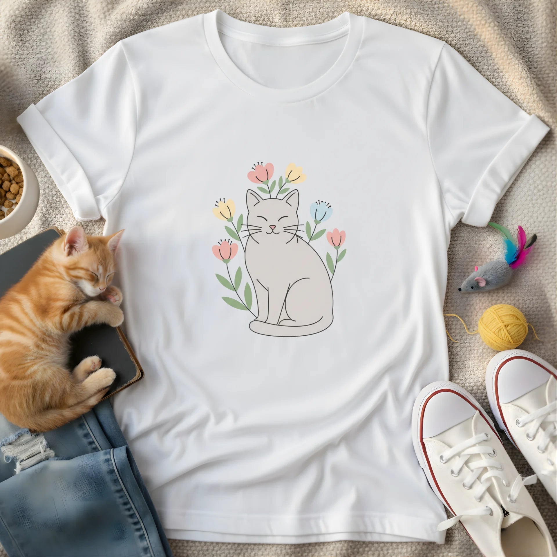 cute cat with flowers vector art - Graphic T-Shirt