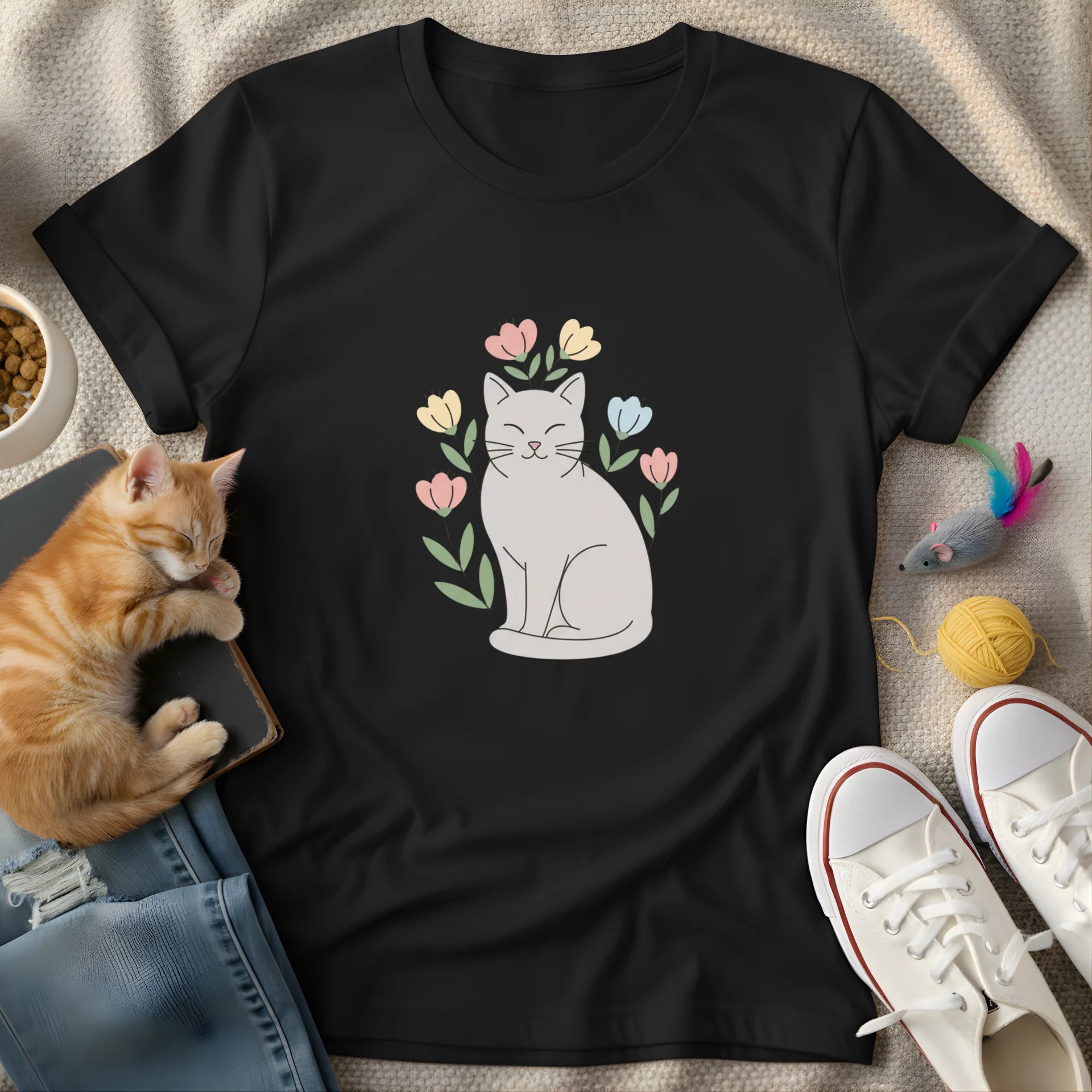 cute cat with flowers vector art - Graphic T-Shirt