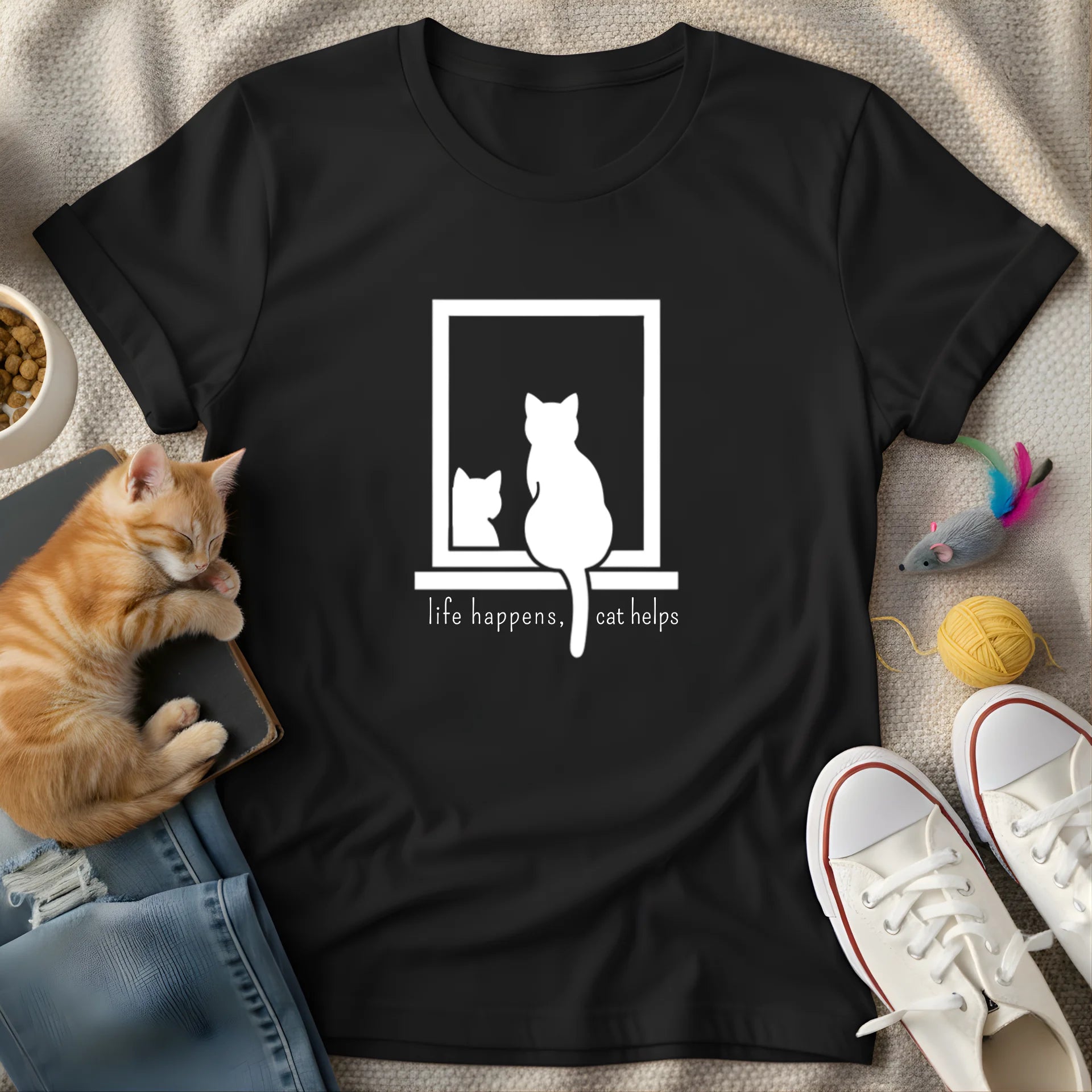 life happens, cat helps - Graphic Quote T-Shirt