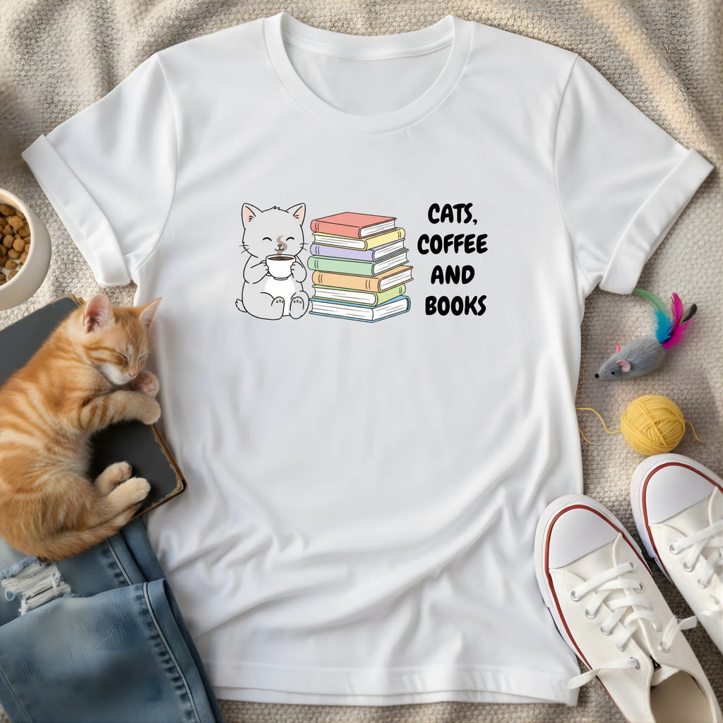 cats, coffe and books - Graphic Quote T-Shirt