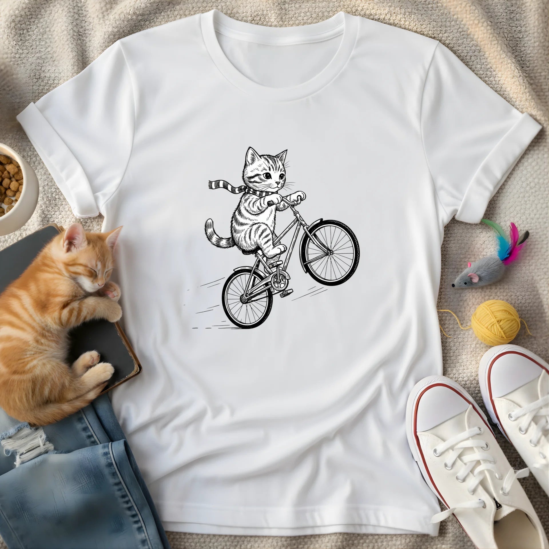 young cat riding bike negative space - Graphic T-Shirt
