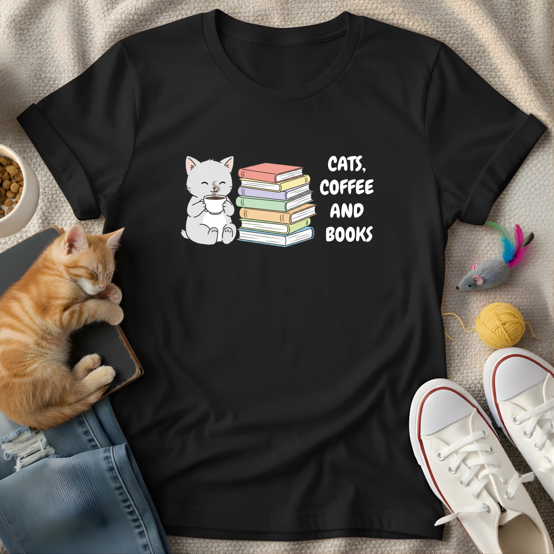 cats, coffe and books - Graphic Quote T-Shirt