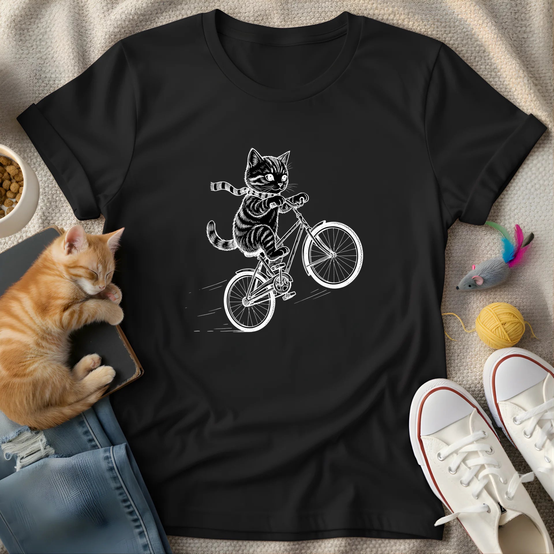 young cat riding bike negative space - Graphic T-Shirt