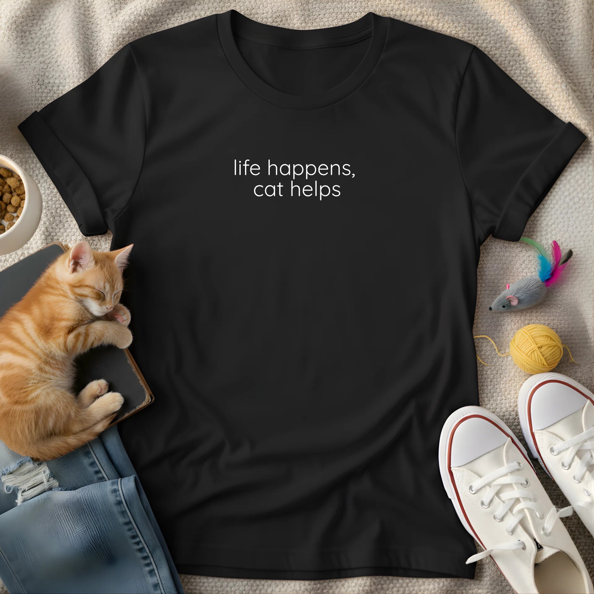 life happens, cat helps - Minimalist T-shirt