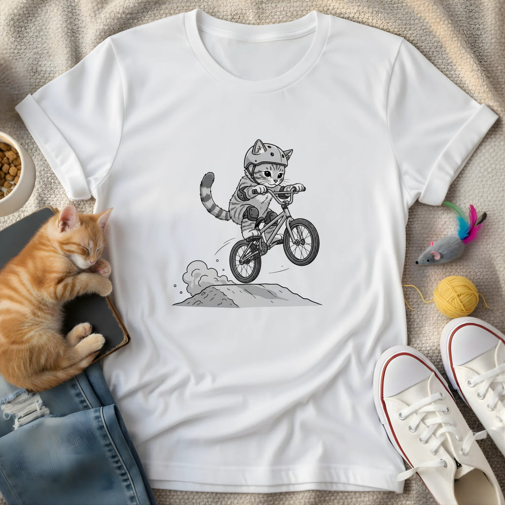 young cat riding bike grayscale - Graphic T-Shirt