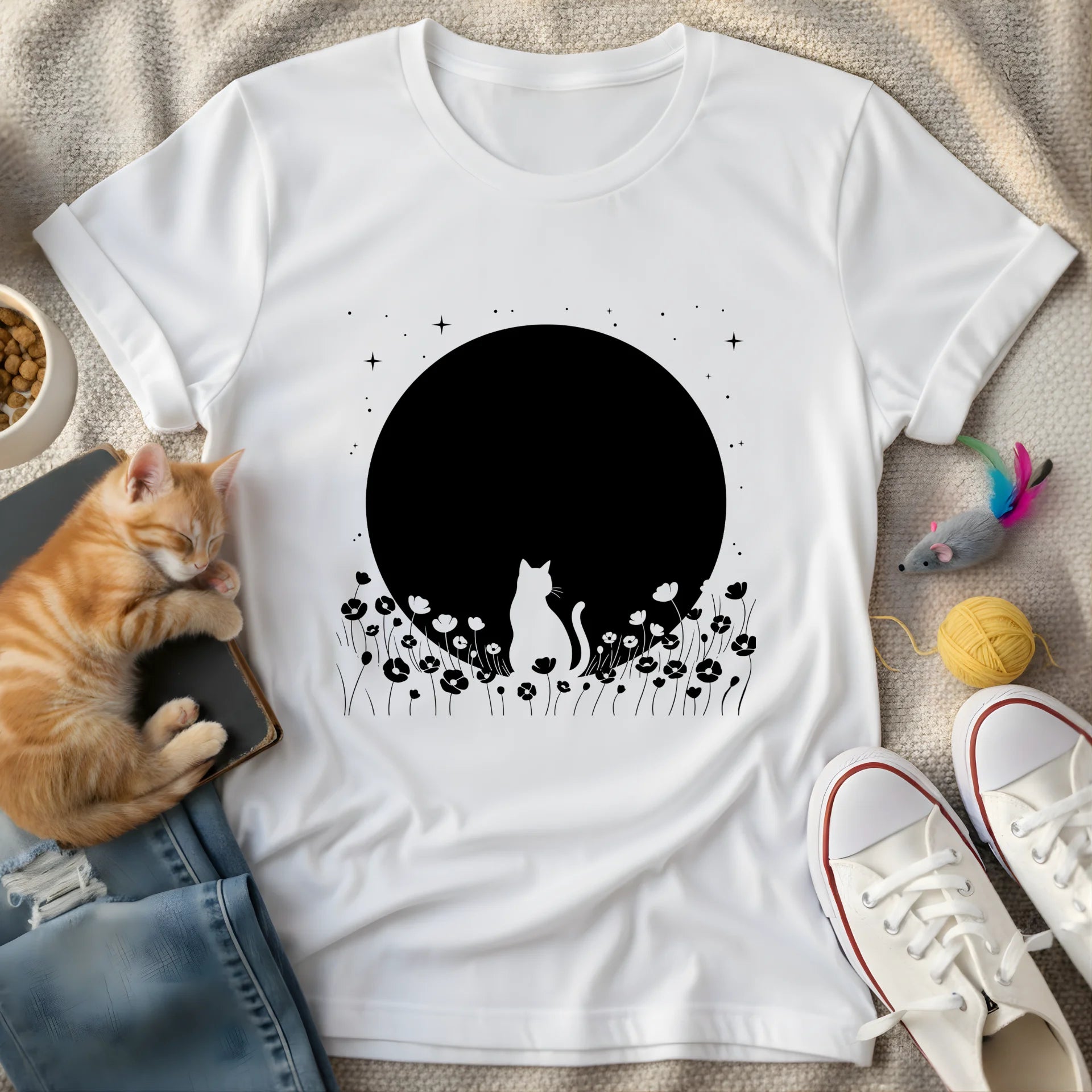 cat, moon and flowers negative space - Graphic T-Shirt