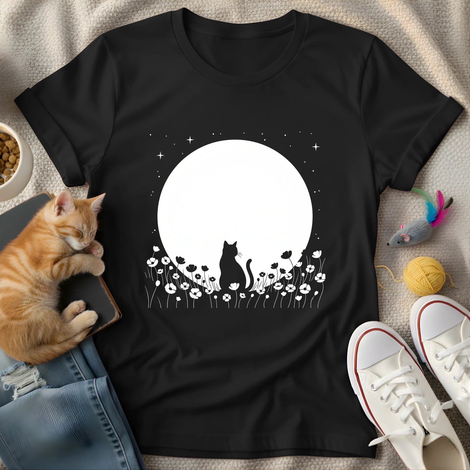 cat, moon and flowers negative space - Graphic T-Shirt