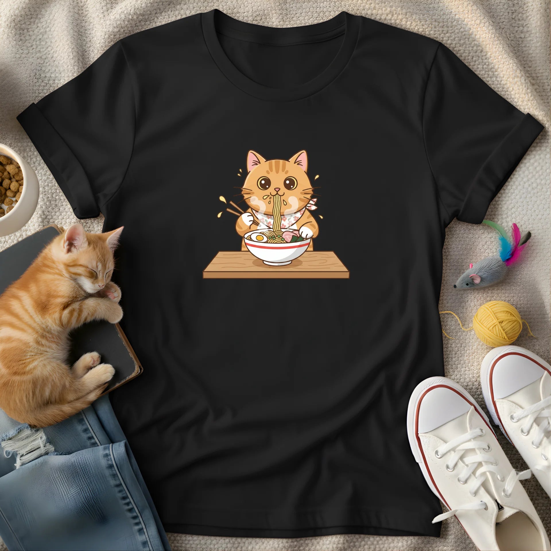 cute cat eats ramen - Graphic T-Shirt