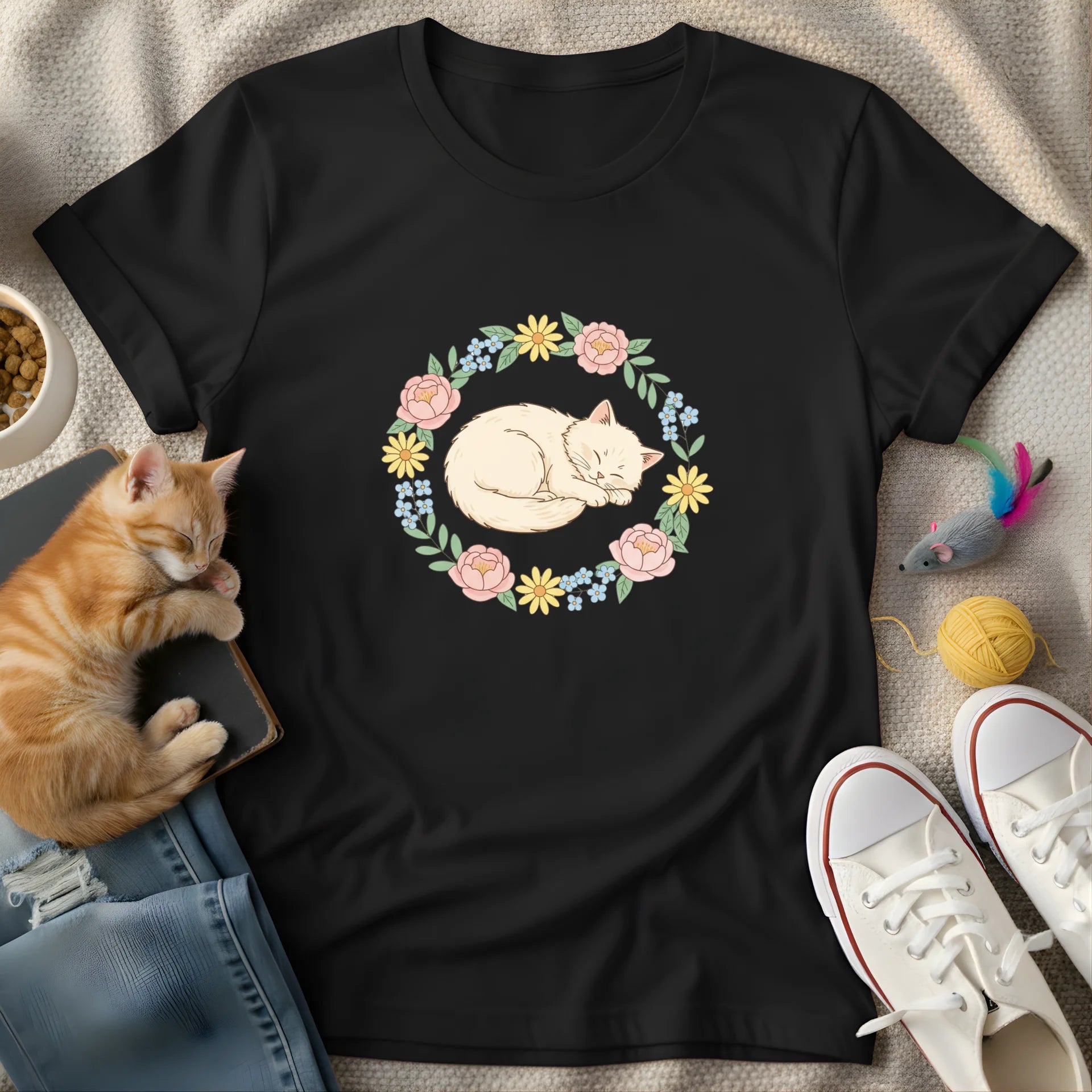 sleeping cat circled by flowers - Graphic T-Shirt