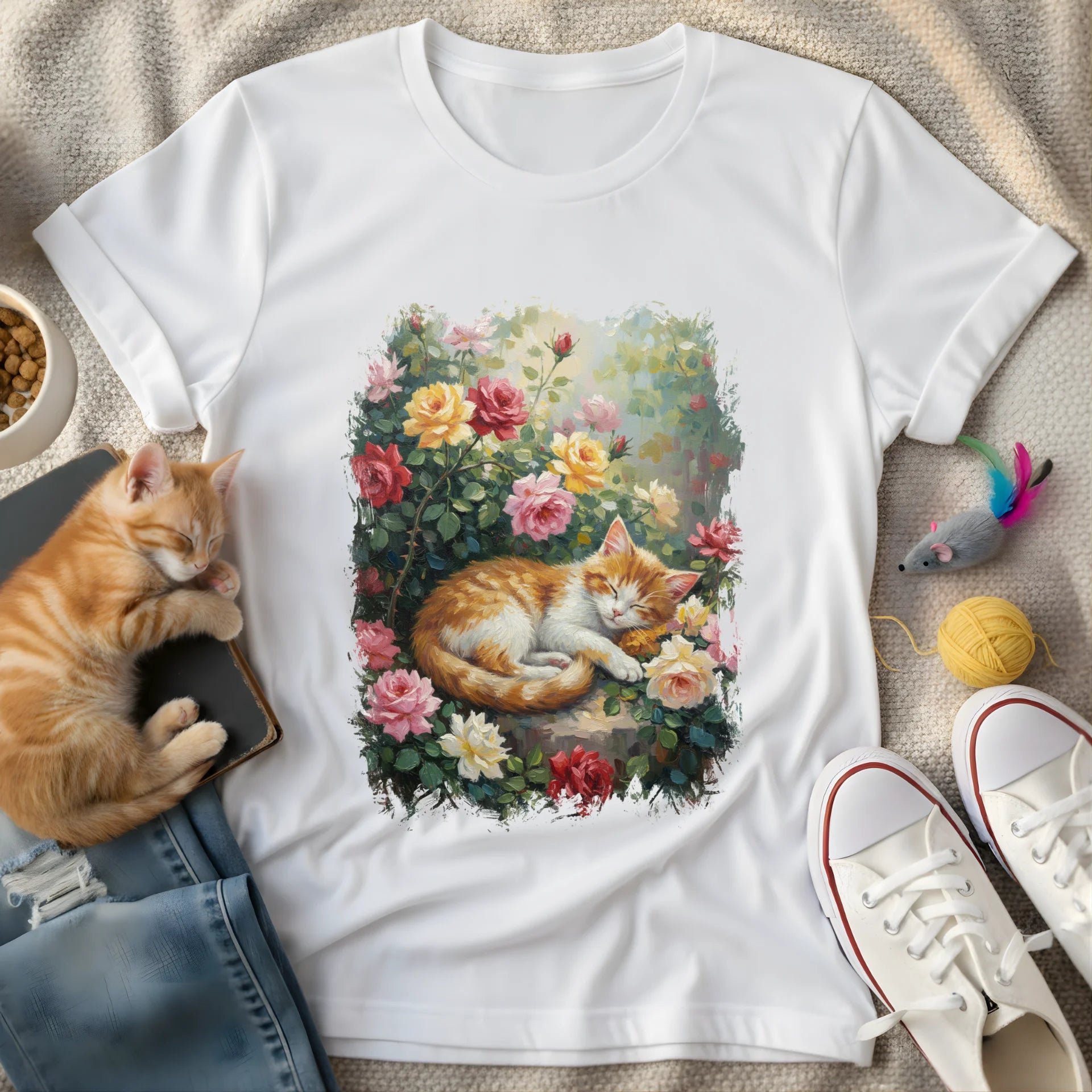 cat sleeping on roses painting - Graphic T-Shirt