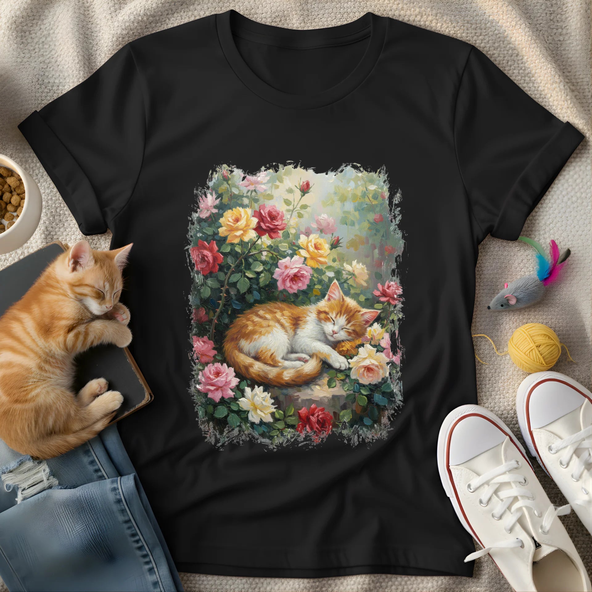 cat sleeping on roses painting - Graphic T-Shirt