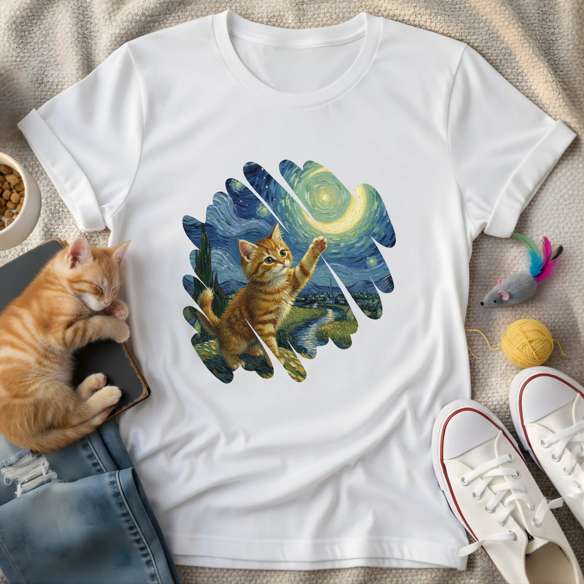 cat touching starry night brush - Graphic T-Shirt
