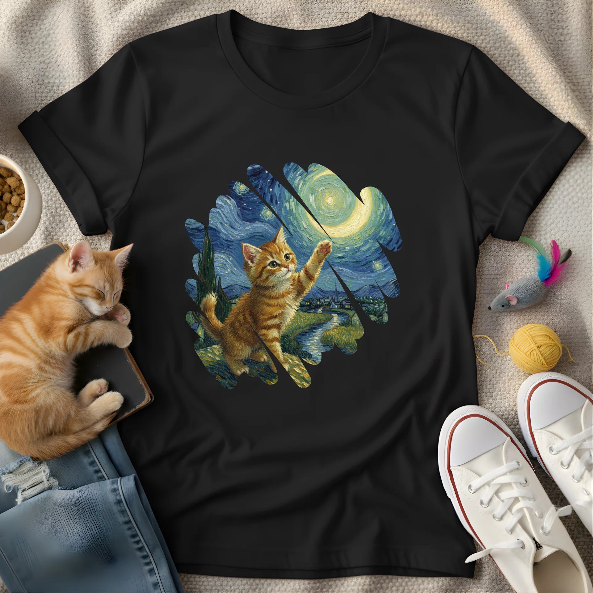 cat touching starry night brush - Graphic T-Shirt