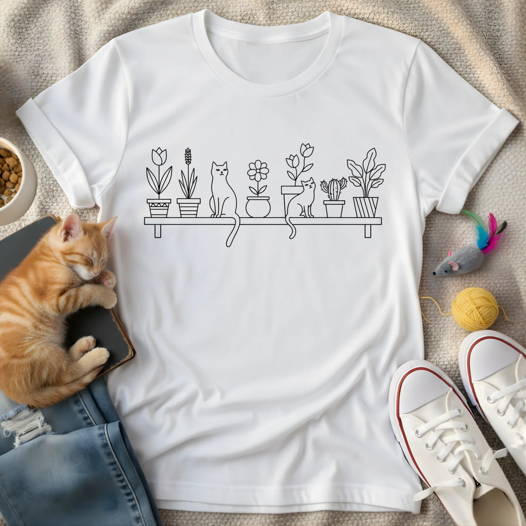 cats and plants on shelf lineart - Graphic T-Shirt