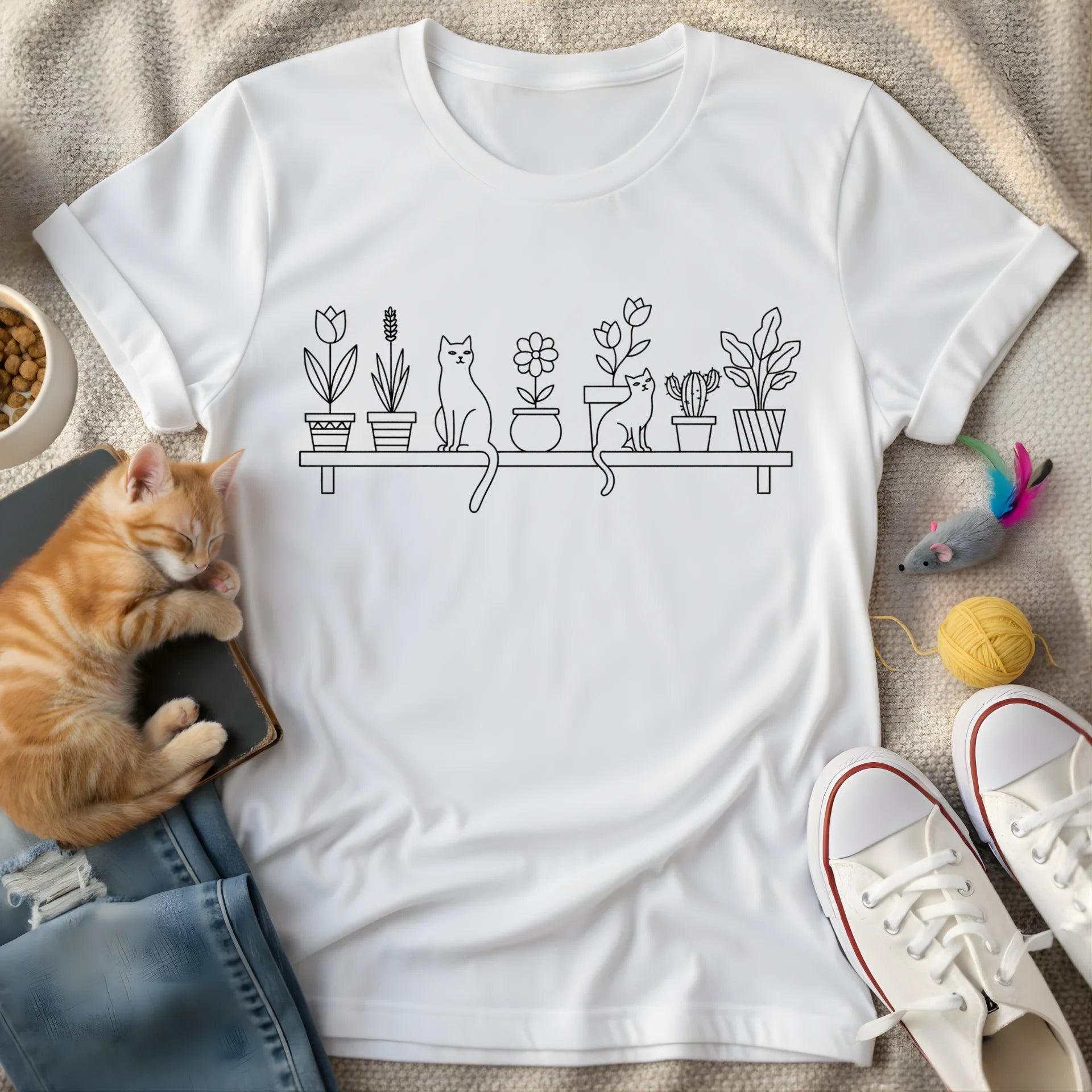 cats and plants on shelf lineart - Graphic T-Shirt